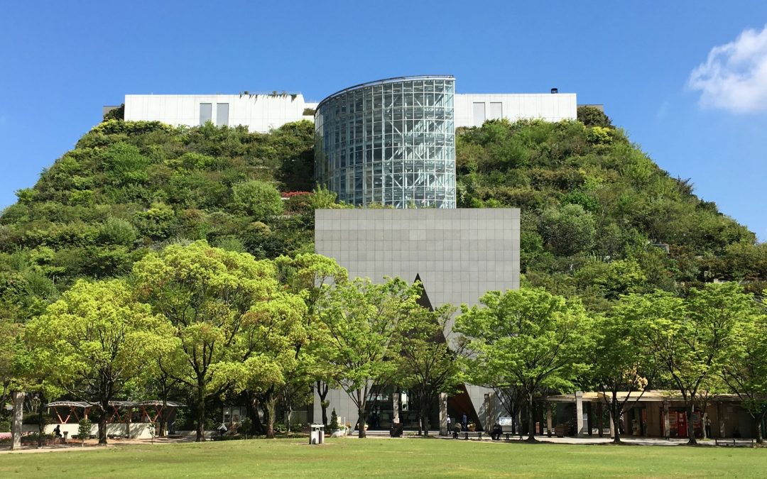 spotlight: a green mountain in the city of fukuoka, japan