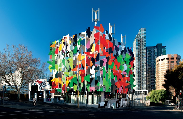 pixel building melbourne australia carbon neutral sustainability pixelcrete grocon solar power self sufficient power wind turbine green architecture design